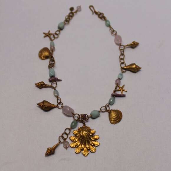 "DB" Gemstone and Gold Tone Shells Link Necklace - Picture 4 of 11